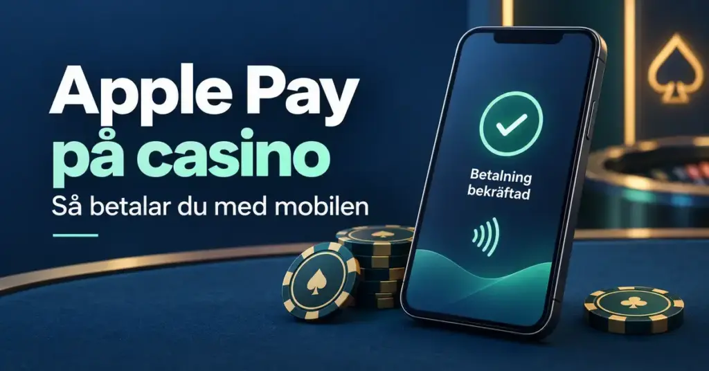 Illustration av en mobil med bekräftad betalning och casinojetonger intill rubriken ”Apple Pay på casino – så betalar du med mobilen”.