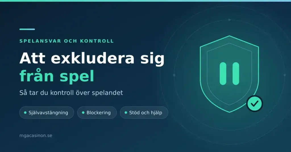 Mörkblå grafik med en turkos sköld och paussymbol bredvid rubriken "Att exkludera sig från spel – så tar du kontroll", med etiketterna självavstängning, blockering samt stöd och hjälp.