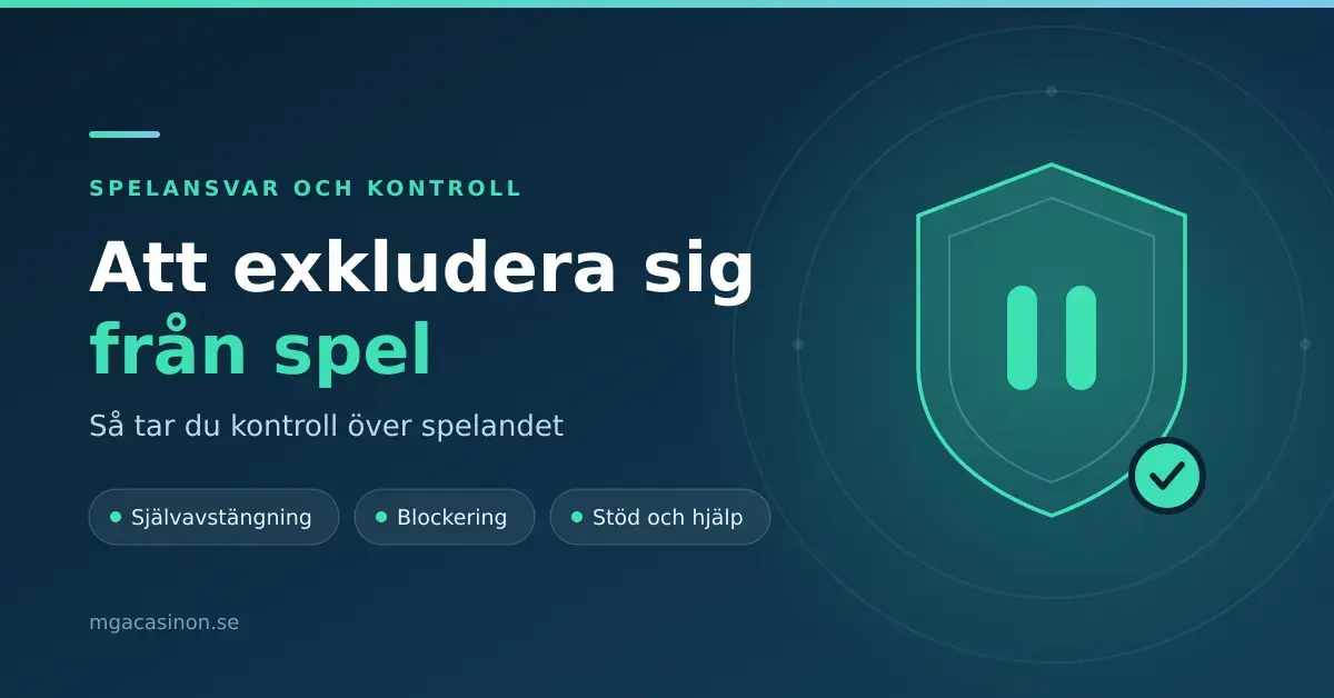 Mörkblå grafik med en turkos sköld och paussymbol bredvid rubriken "Att exkludera sig från spel – så tar du kontroll", med etiketterna självavstängning, blockering samt stöd och hjälp.