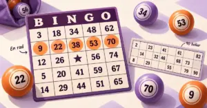 Illustration av en bingobricka med en markerad vågrät rad, en bricka för 90-bollarsbingo och numrerade bingobollar i lila och orange.
