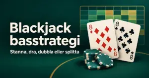 Illustration av två åttor, spelmarker och en stiliserad strategitabell med texten Blackjack basstrategi – stanna, dra, dubbla eller splitta.