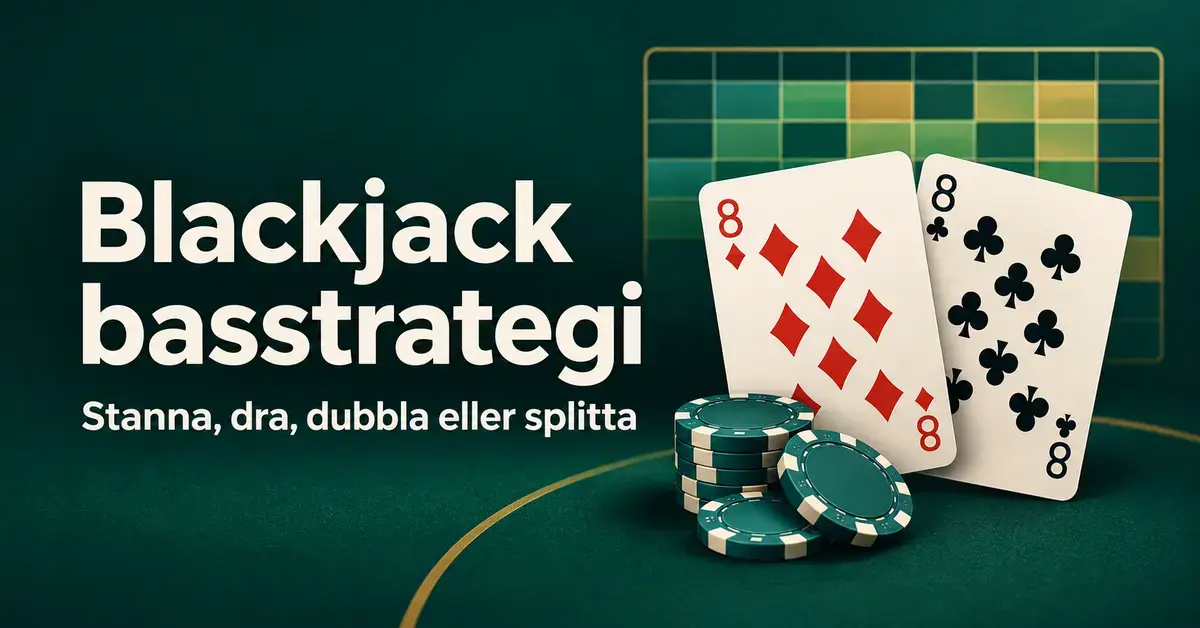 Illustration av två åttor, spelmarker och en stiliserad strategitabell med texten Blackjack basstrategi – stanna, dra, dubbla eller splitta.