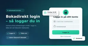 Illustration av Bokadirekt login med ett inloggningsformulär för e-post eller mobilnummer, lösenord och knappen "Logga in" samt en bekräftad tidsbokning.