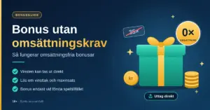 Grafik med rubriken "Bonus utan omsättningskrav" bredvid ett presentpaket, en märkning med 0× omsättning, en överstruken 35× och guldmynt som illustrerar att vinsten kan tas ut direkt.