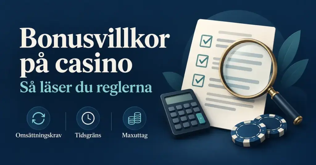 Illustration av bonusvillkor på casino med förstoringsglas, checklista, miniräknare och spelmarker samt symboler för omsättningskrav, tidsgräns och maxuttag.
