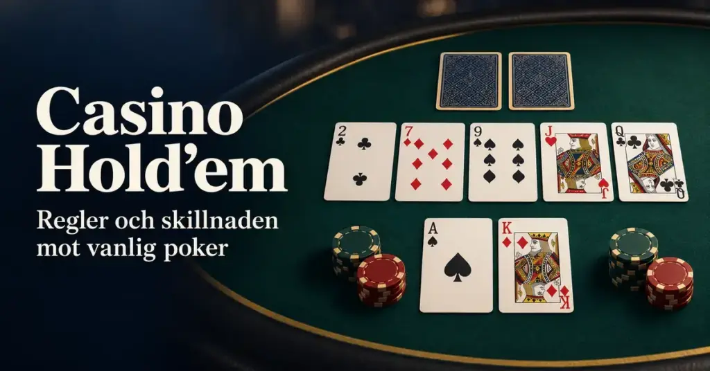 Illustration av Casino Hold’em med spelkort och marker på ett grönt casinobord samt texten ”Regler och skillnaden mot vanlig poker”.
