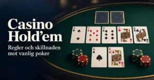 Illustration av Casino Hold’em med spelkort och marker på ett grönt casinobord samt texten ”Regler och skillnaden mot vanlig poker”.