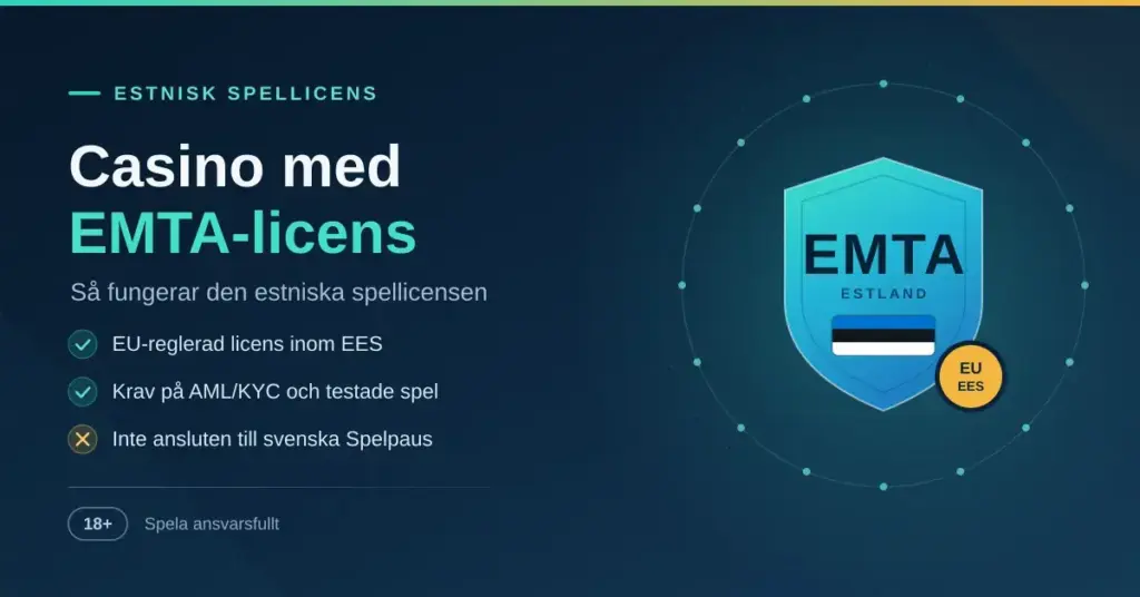 Grafik med texten "Casino med EMTA-licens" och en sköld märkt EMTA med Estlands flagga, som illustrerar den estniska spellicensen inom EU/EES.