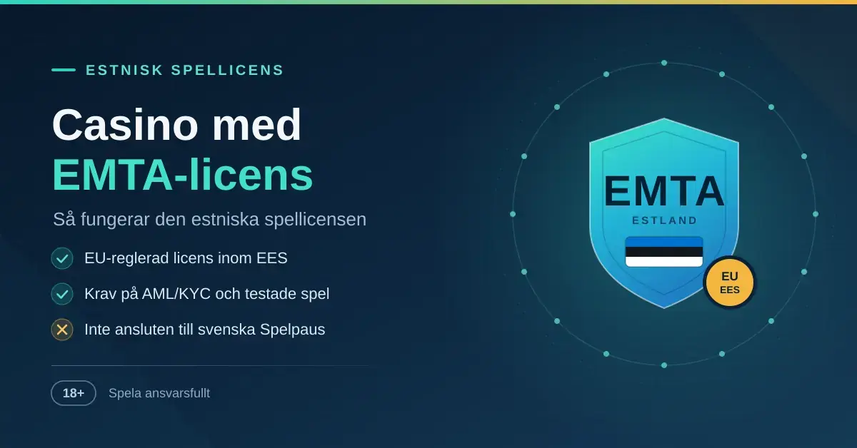 Grafik med texten "Casino med EMTA-licens" och en sköld märkt EMTA med Estlands flagga, som illustrerar den estniska spellicensen inom EU/EES.