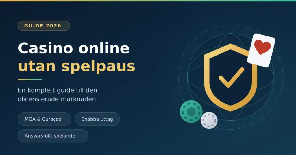 Illustration i mörkblå och guld med en sköld med bock, spelmarker och ett spelkort samt texten "Casino online utan spelpaus – en komplett guide till den olicensierade marknaden".