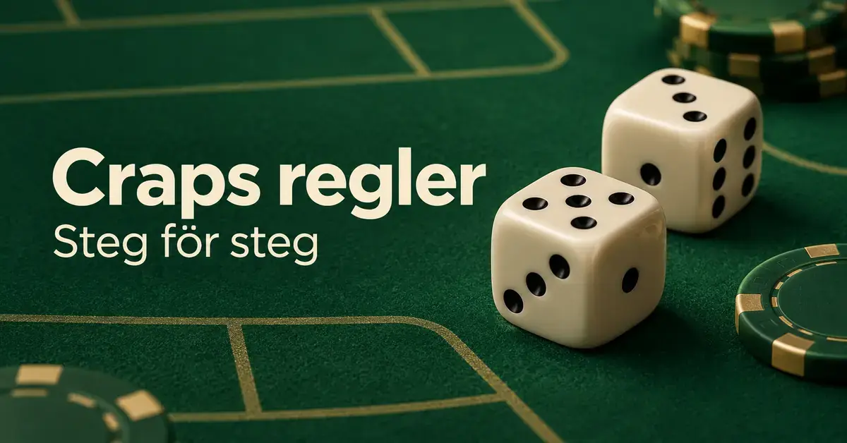 Två vita tärningar och spelmarker på ett grönt crapsbord med texten ”Craps regler – Steg för steg”.