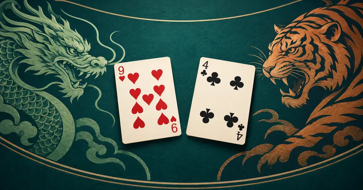 Hjärter nio och klöver fyra ligger på ett mörkgrönt spelbord mellan en illustrerad drake och tiger som symboliserar de två sidorna i Dragon Tiger.