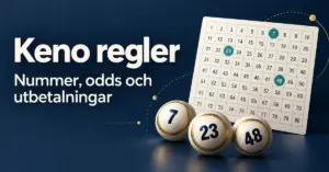 Kenobricka med markerade nummer och tre numrerade bollar intill texten ”Keno regler – Nummer, odds och utbetalningar”.