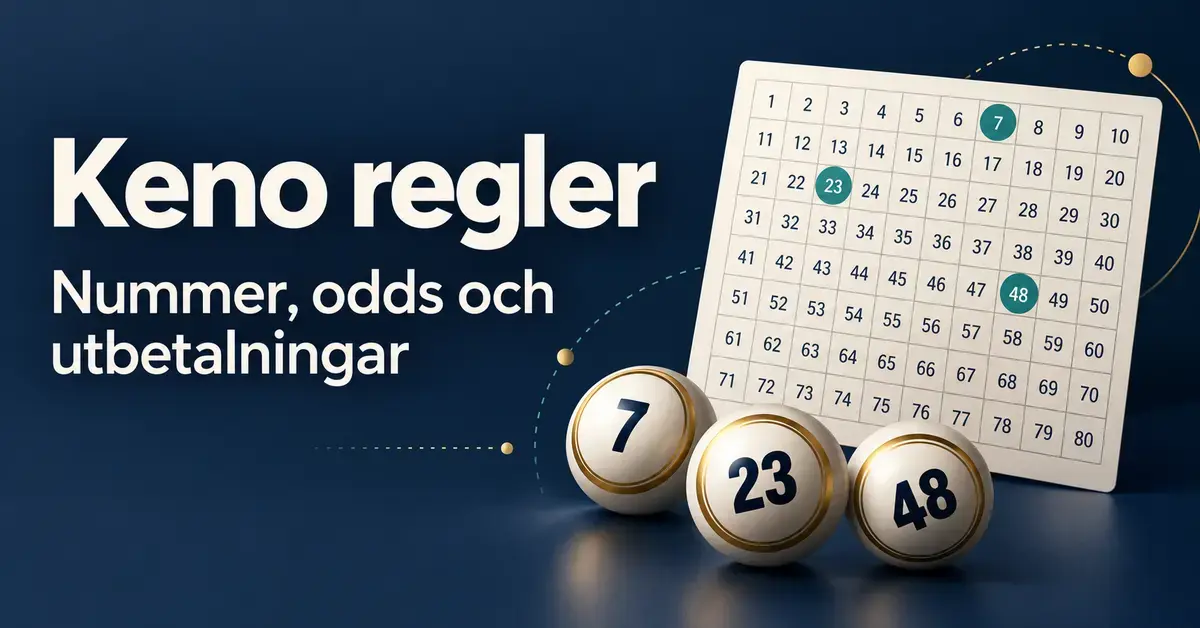 Kenobricka med markerade nummer och tre numrerade bollar intill texten ”Keno regler – Nummer, odds och utbetalningar”.