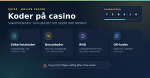 Grafik med rubriken "Koder på casino" och fyra kort som förklarar säkerhetskoder (2FA), bonuskoder, RNG och QR-koder, samt en påminnelse om att supporten aldrig frågar efter dina koder.