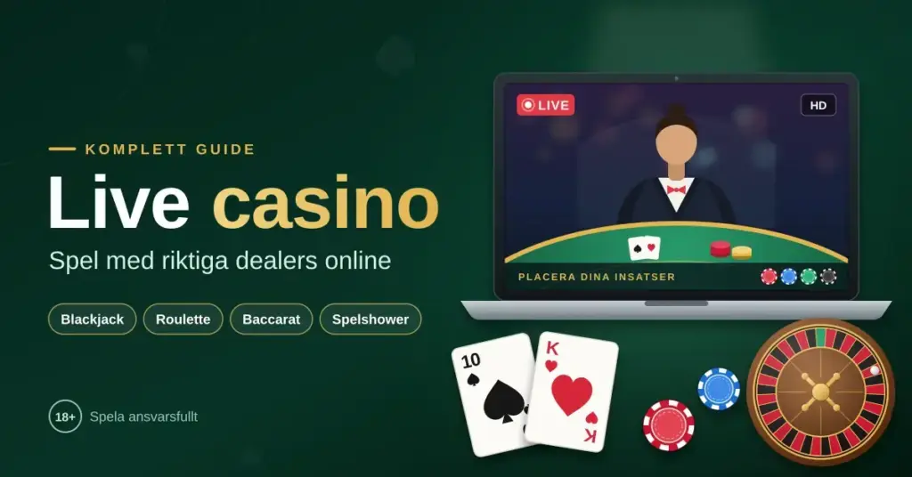 Grafisk illustration av ett live casino med en laptop som visar en livesänd dealer vid ett spelbord, omgiven av spelkort, marker och ett rouletthjul, bredvid rubriken "Live casino – spel med riktiga dealers online".