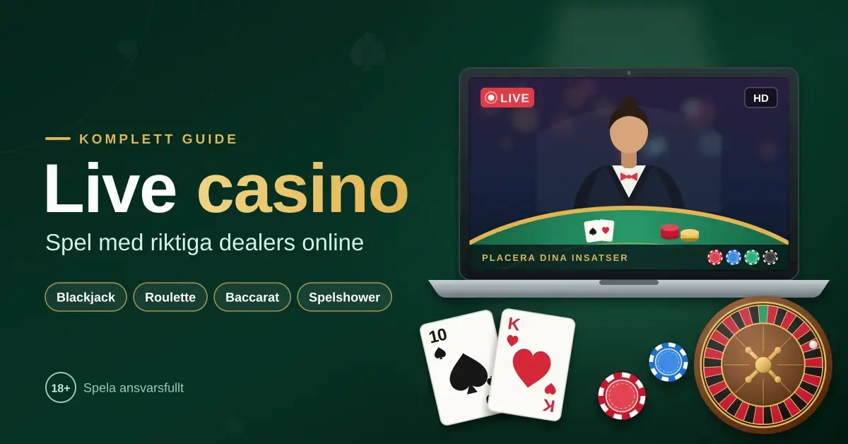Grafisk illustration av ett live casino med en laptop som visar en livesänd dealer vid ett spelbord, omgiven av spelkort, marker och ett rouletthjul, bredvid rubriken "Live casino – spel med riktiga dealers online".