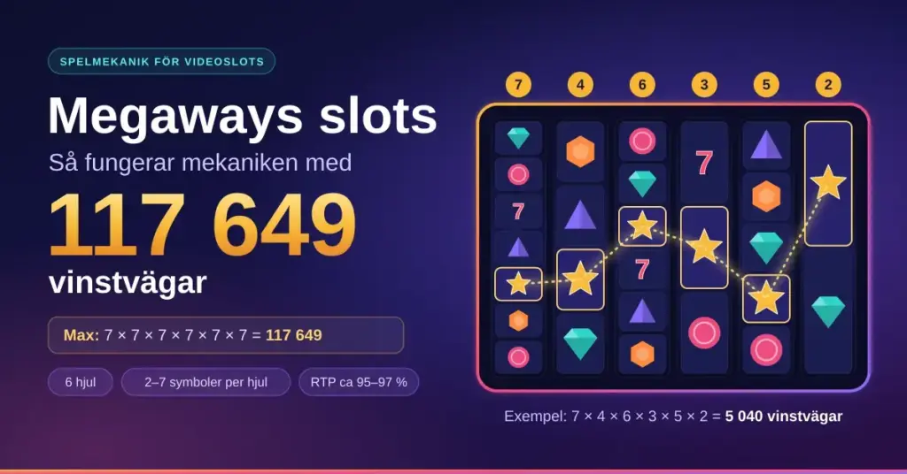 Grafisk illustration av Megaways-mekaniken med sex slothjul som har olika många symboler, texten ”117 649 vinstvägar” och ett räkneexempel där 7 × 4 × 6 × 3 × 5 × 2 ger 5 040 vinstvägar.