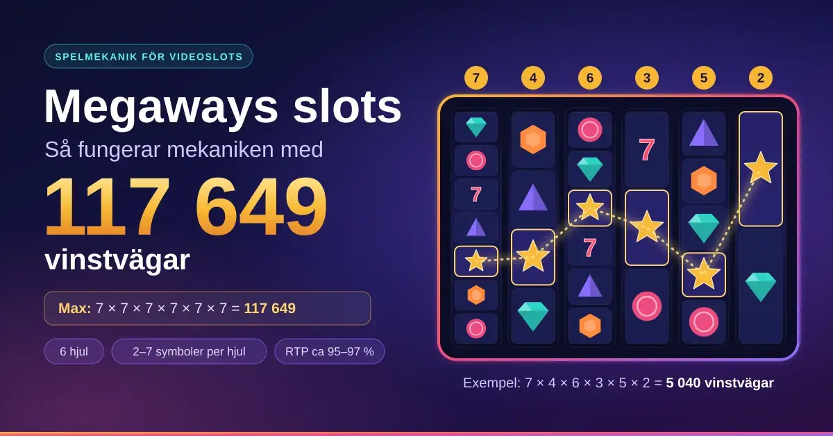 Grafisk illustration av Megaways-mekaniken med sex slothjul som har olika många symboler, texten ”117 649 vinstvägar” och ett räkneexempel där 7 × 4 × 6 × 3 × 5 × 2 ger 5 040 vinstvägar.