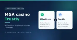 Grafik som förklarar att MGA-licens och betalningsmetoden Trustly är två olika saker: ett sköldmärke för spellicensen från Maltas spelmyndighet och en banksymbol för betalning direkt från bankkontot.