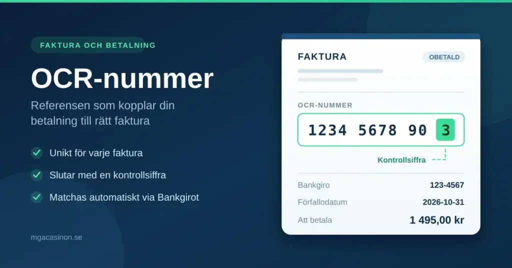 Grafik med rubriken "OCR-nummer" bredvid en illustrerad faktura där OCR-numret 1234 5678 903 visas med kontrollsiffran markerad.