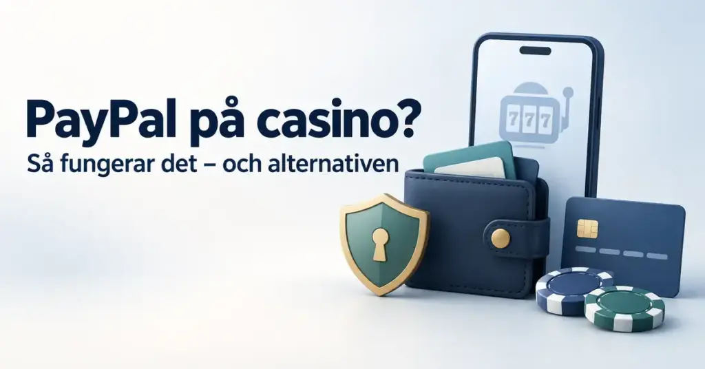 Illustration med rubriken ”PayPal på casino?”, en digital plånbok, mobiltelefon, bankkort, säkerhetssköld och spelmarker.