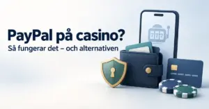 Illustration med rubriken ”PayPal på casino?”, en digital plånbok, mobiltelefon, bankkort, säkerhetssköld och spelmarker.