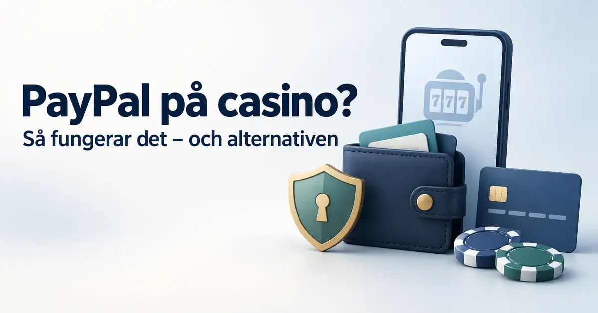 Illustration med rubriken ”PayPal på casino?”, en digital plånbok, mobiltelefon, bankkort, säkerhetssköld och spelmarker.