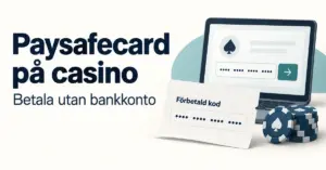 Illustration av en förbetald kod, en dator med ett kodfält och casinomarker samt texten ”Paysafecard på casino – Betala utan bankkonto”.