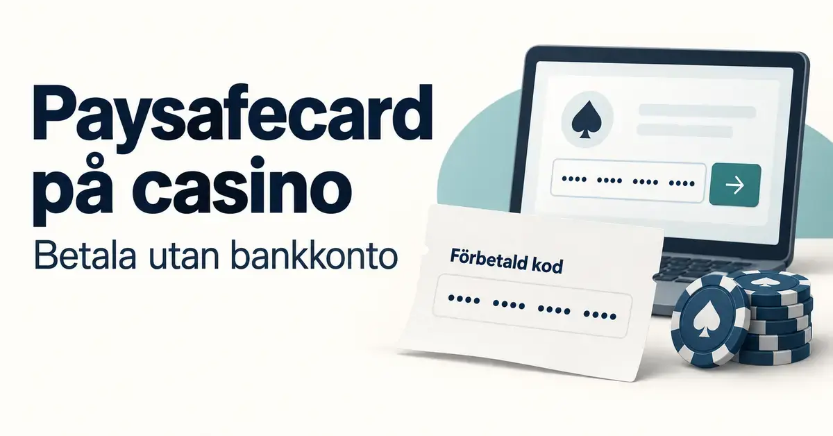 Illustration av en förbetald kod, en dator med ett kodfält och casinomarker samt texten ”Paysafecard på casino – Betala utan bankkonto”.