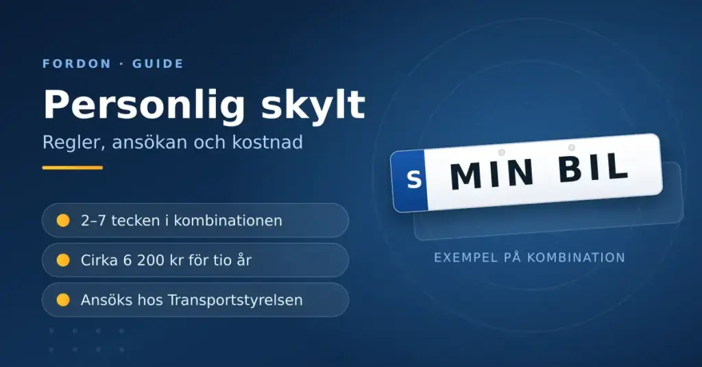 Illustration av en svensk personlig registreringsskylt med exempeltexten MIN BIL, intill rubriken Personlig skylt och punkter om regler, ansökan och kostnad.