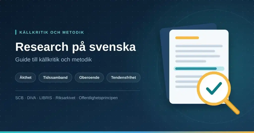 Grafik med rubriken "Research på svenska – guide till källkritik och metodik" och ett förstoringsglas med bock över ett dokument, intill källkritikens fyra kriterier: äkthet, tidssamband, oberoende och tendensfrihet.