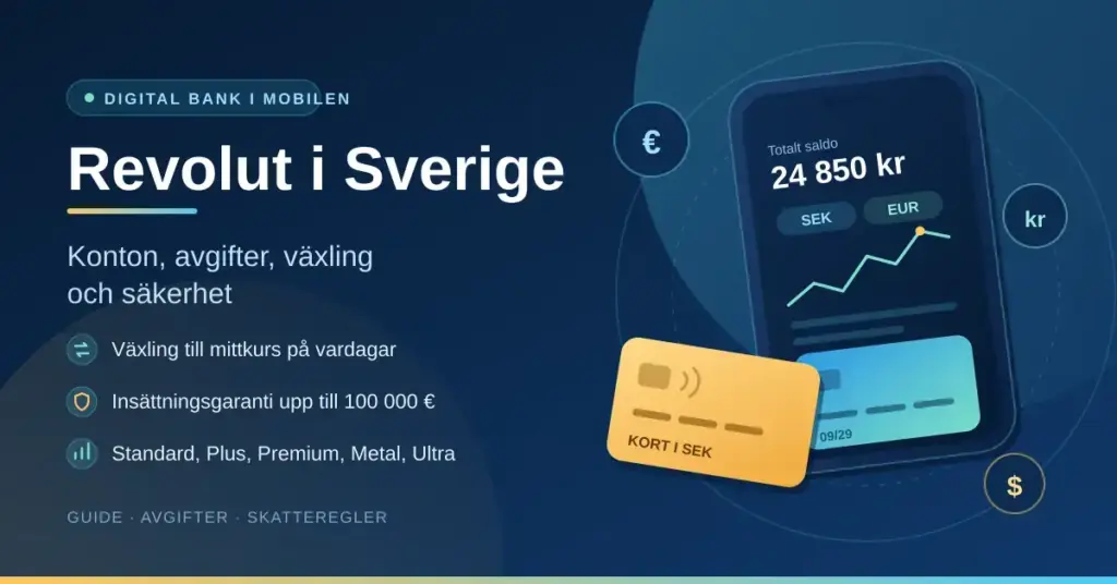 Illustration med rubriken "Revolut i Sverige" bredvid en mobiltelefon som visar saldo i SEK och EUR samt betalkort, som symboliserar konton, avgifter, valutaväxling och säkerhet.