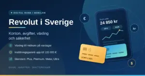 Illustration med rubriken "Revolut i Sverige" bredvid en mobiltelefon som visar saldo i SEK och EUR samt betalkort, som symboliserar konton, avgifter, valutaväxling och säkerhet.