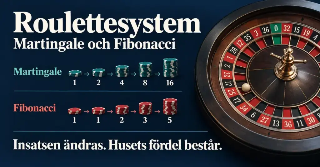 Roulettehjul och marker visar insatsföljderna för Martingale och Fibonacci med budskapet att husets fördel består när insatsen ändras.
