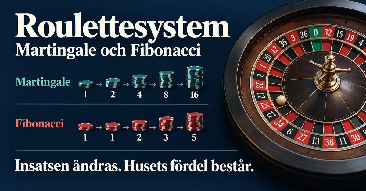 Roulettehjul och marker visar insatsföljderna för Martingale och Fibonacci med budskapet att husets fördel består när insatsen ändras.
