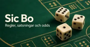 Tre elfenbensvita tärningar på ett grönt Sic Bo-bord med texten ”Sic Bo – Regler, satsningar och odds”.