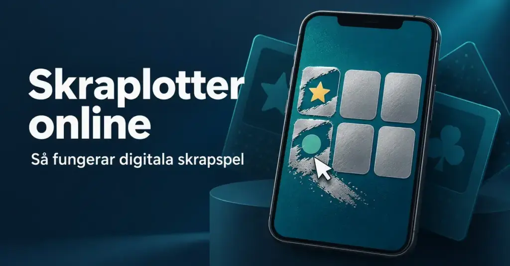 En mobiltelefon med en delvis skrapad digital skraplott bredvid texten ”Skraplotter online – Så fungerar digitala skrapspel”.