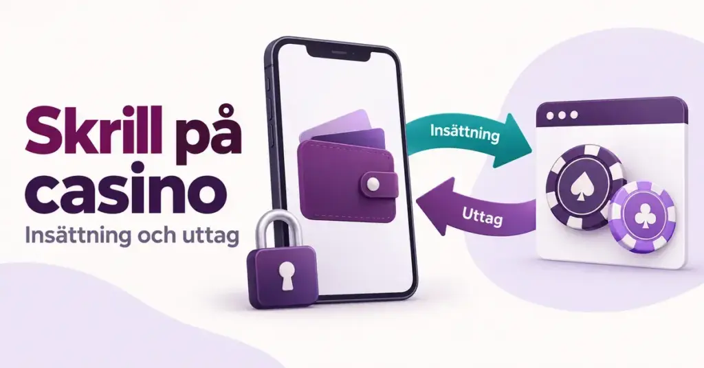 Illustration av en e-plånbok i en mobiltelefon med ett hänglås och pilar för insättning och uttag mellan plånboken och ett nätcasino.