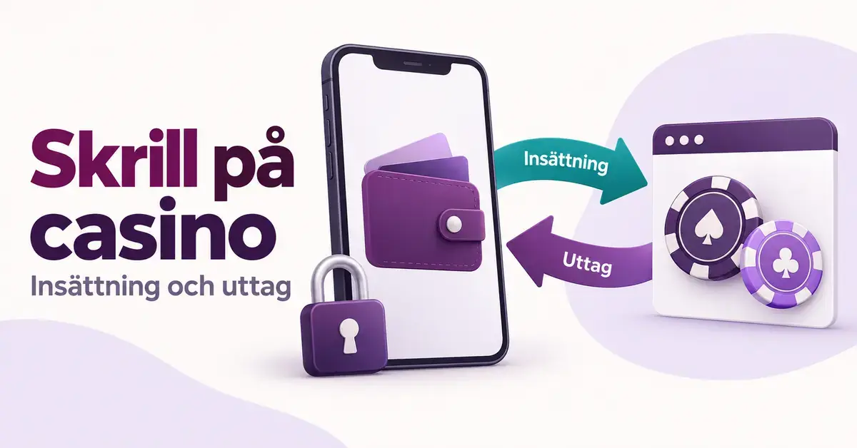 Illustration av en e-plånbok i en mobiltelefon med ett hänglås och pilar för insättning och uttag mellan plånboken och ett nätcasino.