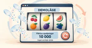 Illustration av en spelautomat i demoläge med 10 000 fiktiva spelpengar, genomskinliga spelmarker och texten ”Inget verkligt värde”.