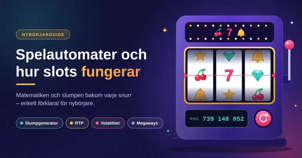 Illustration av en stiliserad spelautomat med tre rullar och en vinstlinje bredvid rubriken ”Spelautomater och hur slots fungerar” samt begreppen slumpgenerator, RTP, volatilitet och Megaways.