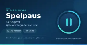 Grafik med texten "Spelpaus – så fungerar självavstängning från spel" bredvid en cirkelformad paussymbol, med avstängningsperioderna 1, 3 och 6 månader eller tills vidare.