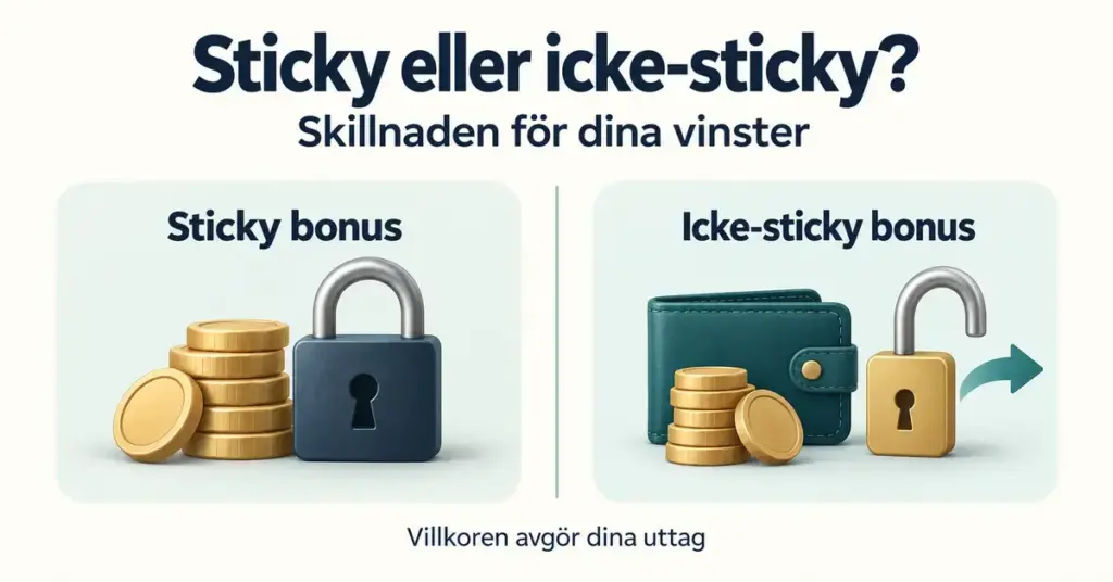 Jämförelse mellan sticky bonus och icke-sticky bonus med mynt, ett stängt hänglås och ett öppet hänglås som illustrerar skillnader i uttagsvillkor.