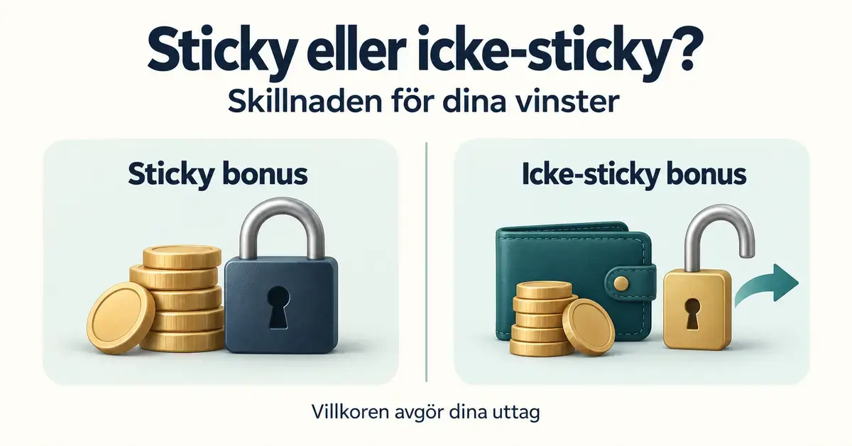 Jämförelse mellan sticky bonus och icke-sticky bonus med mynt, ett stängt hänglås och ett öppet hänglås som illustrerar skillnader i uttagsvillkor.