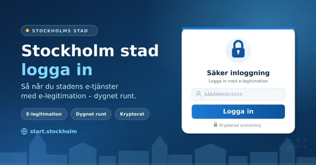 Grafik med rubriken "Stockholm stad logga in" och en illustrerad inloggningsruta med hänglås för stadens e-tjänster, mot mörkblå bakgrund med stadssiluett.