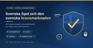 Grafik med rubriken "Svenska Spel och den svenska licensmarknaden" bredvid en sköld med bockmarkering, som symboliserar svensk spellicens, konsumentskydd och tryggt spelande.