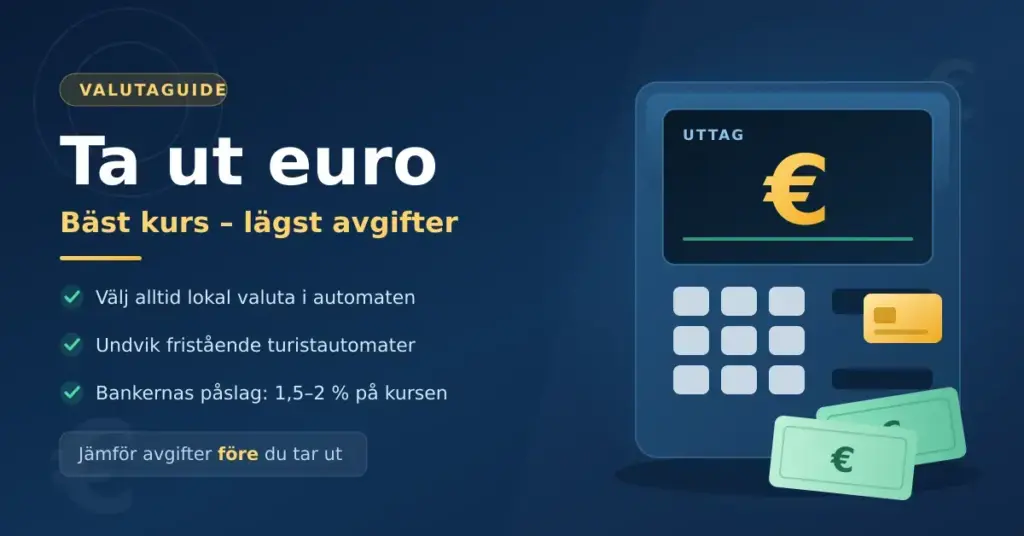 Illustration av en bankomat med eurosymbol och eurosedlar bredvid texten "Ta ut euro – bäst kurs, lägst avgifter" med tips om lokal valuta och bankavgifter.