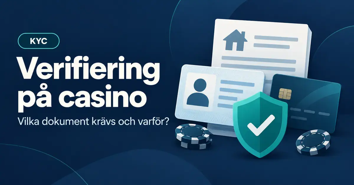 Illustration av KYC-verifiering på casino med identitetskort, adressunderlag, betalkort och en sköld med bock som symboliserar säker identitetskontroll.
