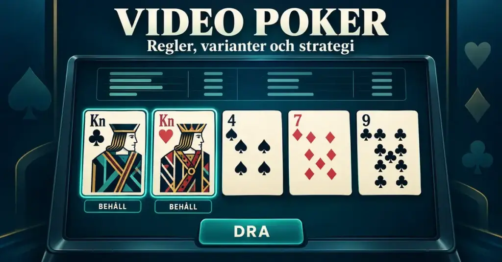 Illustration av videopoker med fem spelkort, två knektar markerade för att behållas och en knapp för att dra nya kort.